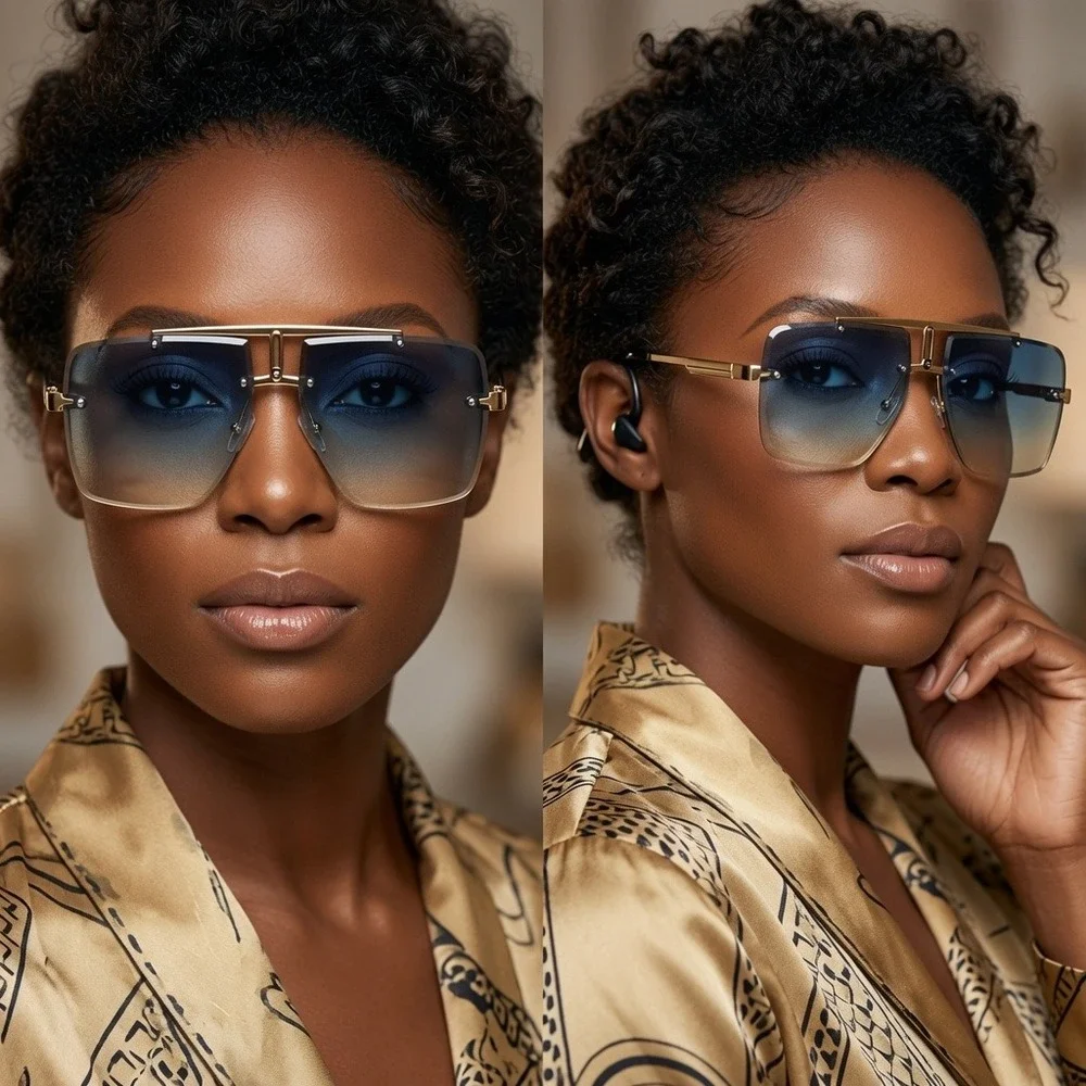 Women Oversized Rimless Sunglasses Gold Green Yellow Gradient Lens Modern Square